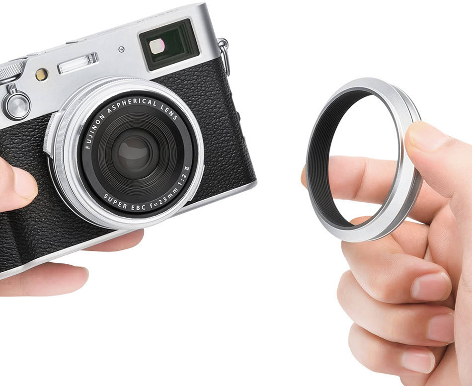 Квадратная бленда для Fujifilm X100VI / X100V / X100F с адаптером на 49 мм (серебристая)