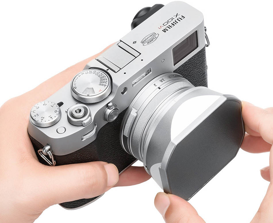 Квадратная бленда для Fujifilm X100VI / X100V / X100F с адаптером на 49 мм (серебристая)