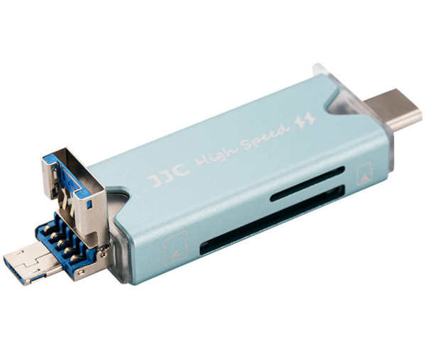 Картридер USB 3.0 / Type-C / MicroUSB OTG для SD и MicroSD карт памяти (светло-голубой)