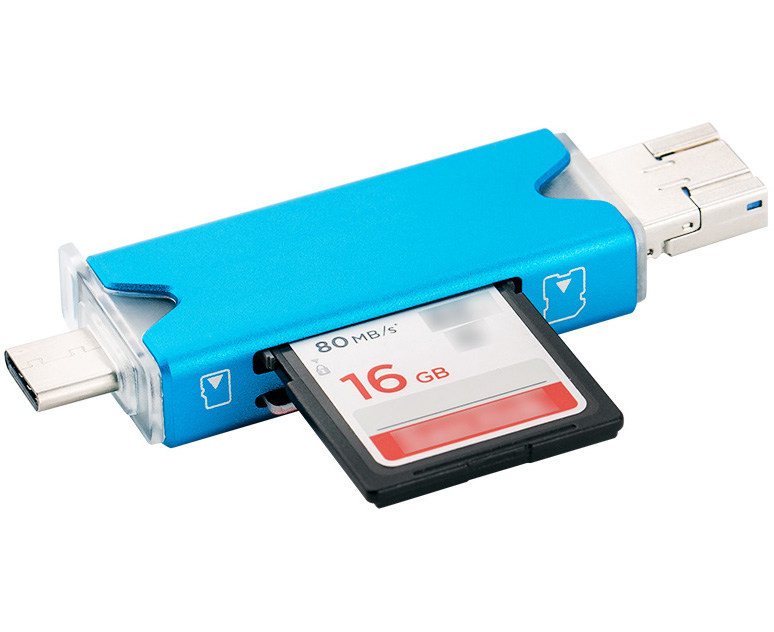Картридер USB 3.0 / Type-C / MicroUSB OTG для SD и MicroSD карт памяти (голубой)