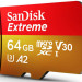 Карта памяти microSDXC UHS-I U3 Sandisk Extreme 64 Гб, 170 МБ/с, Class 10 V30 A2
